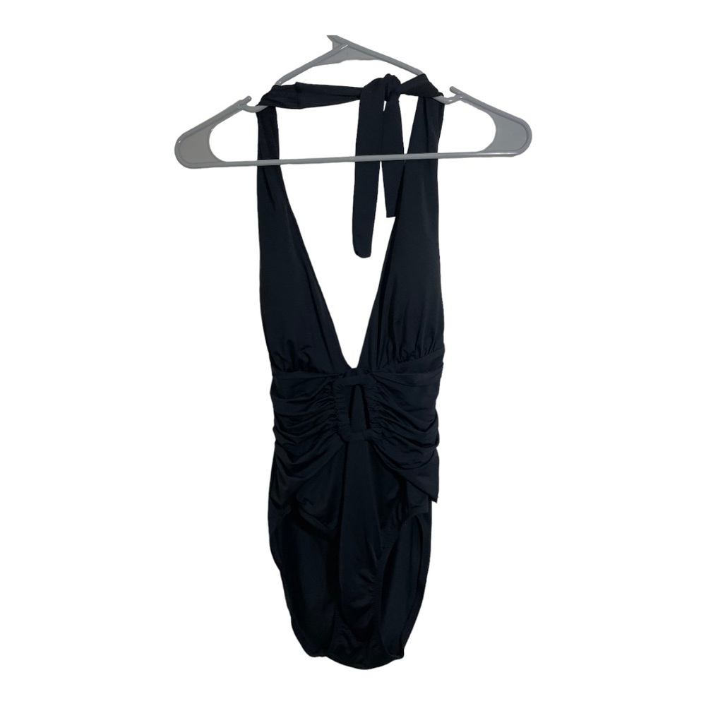 Tommy Bahama womens one piece swimsuit plunge V-neck belt buckle size 8  black